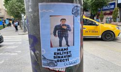 Elektrik direklerine asılan "Ehliyet sınavını geçti" broşürü ilgi çekti