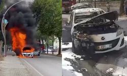 Alev alan otomobilden geriye hurda yığını kaldı