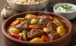 Lokum gibi dağılan fırında sebzeli et güveç