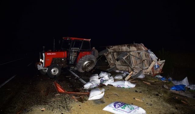 Kamyonun çarptığı traktörün tekeri koptu