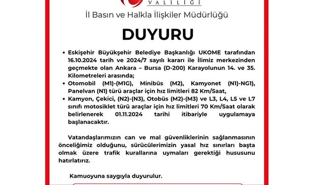 Ankara-Bursa karayolundaki hız limiti düşürüldü