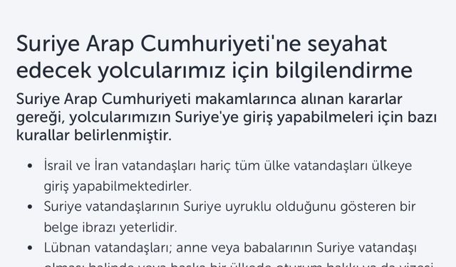 THY, Suriye’ye İran ve İsrail vatandaşlarını taşımayacak