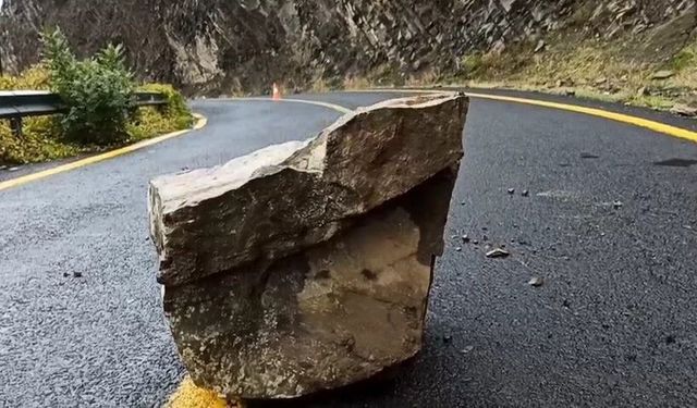 Sağanak yağmura dayanamayan kayalar yola yuvarlandı