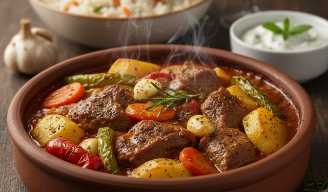 Lokum gibi dağılan fırında sebzeli et güveç