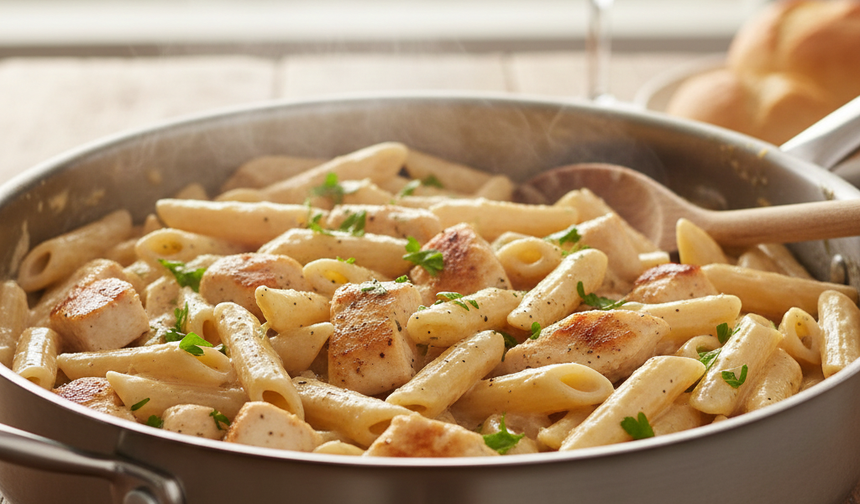 Bulaşık derdine son! Tek tencerede 15 dakikada hazır kremalı tavuklu makarna