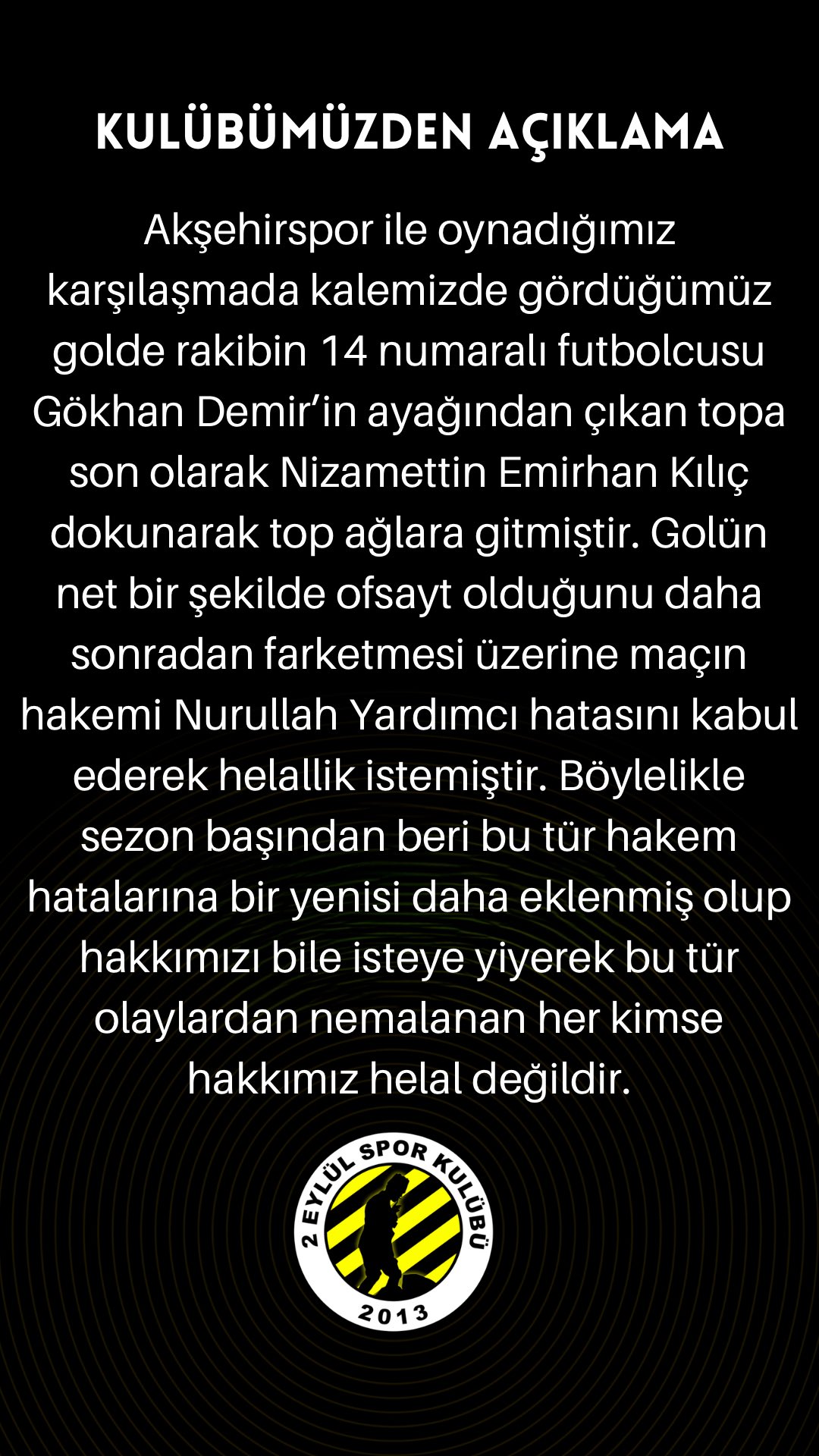 2 Eylül Spor Kulübü'nden Hakeme Sitem