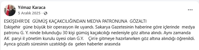 Yılmaz Karaca'nın gümüş kaçakçılığı iftirası