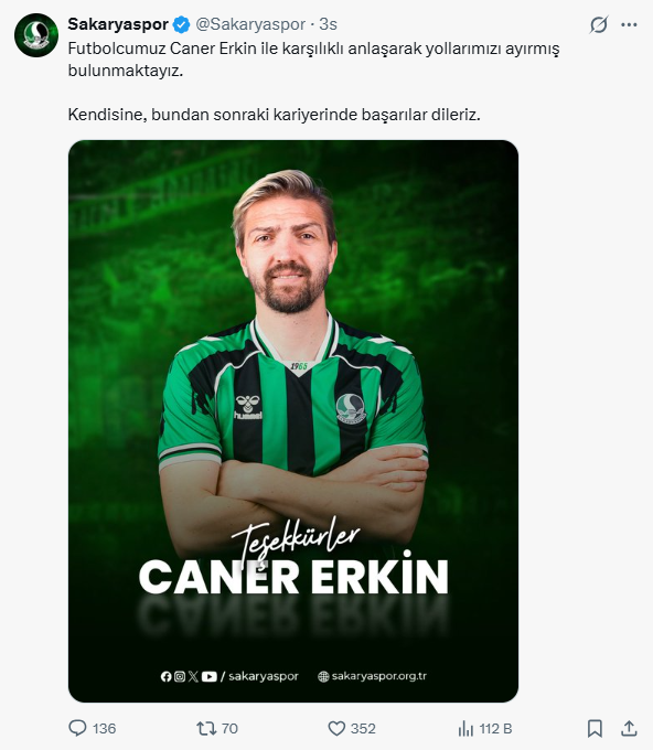 Sakaryaspor'da Caner Erkin'in sözleşmesi feshedildi