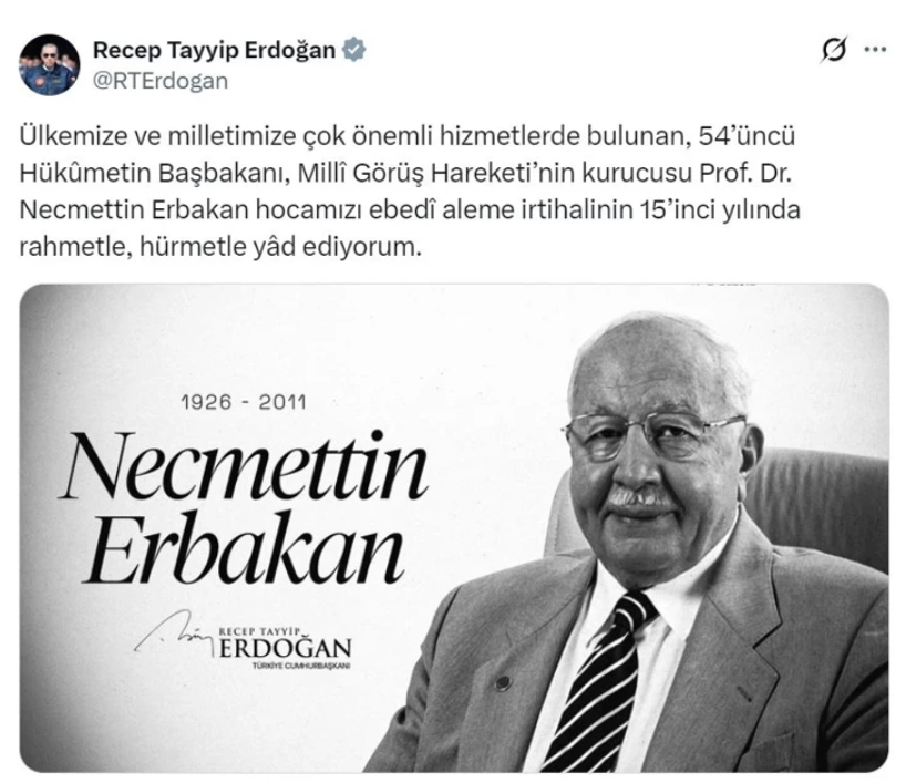 Cumhurbaşkanı Erdoğan, Necmettin Erbakan'ı andı