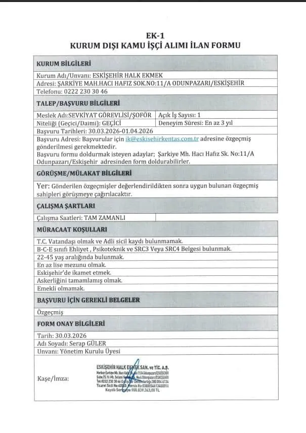 Eskişehir Halk Ekmek İş Başvurusu