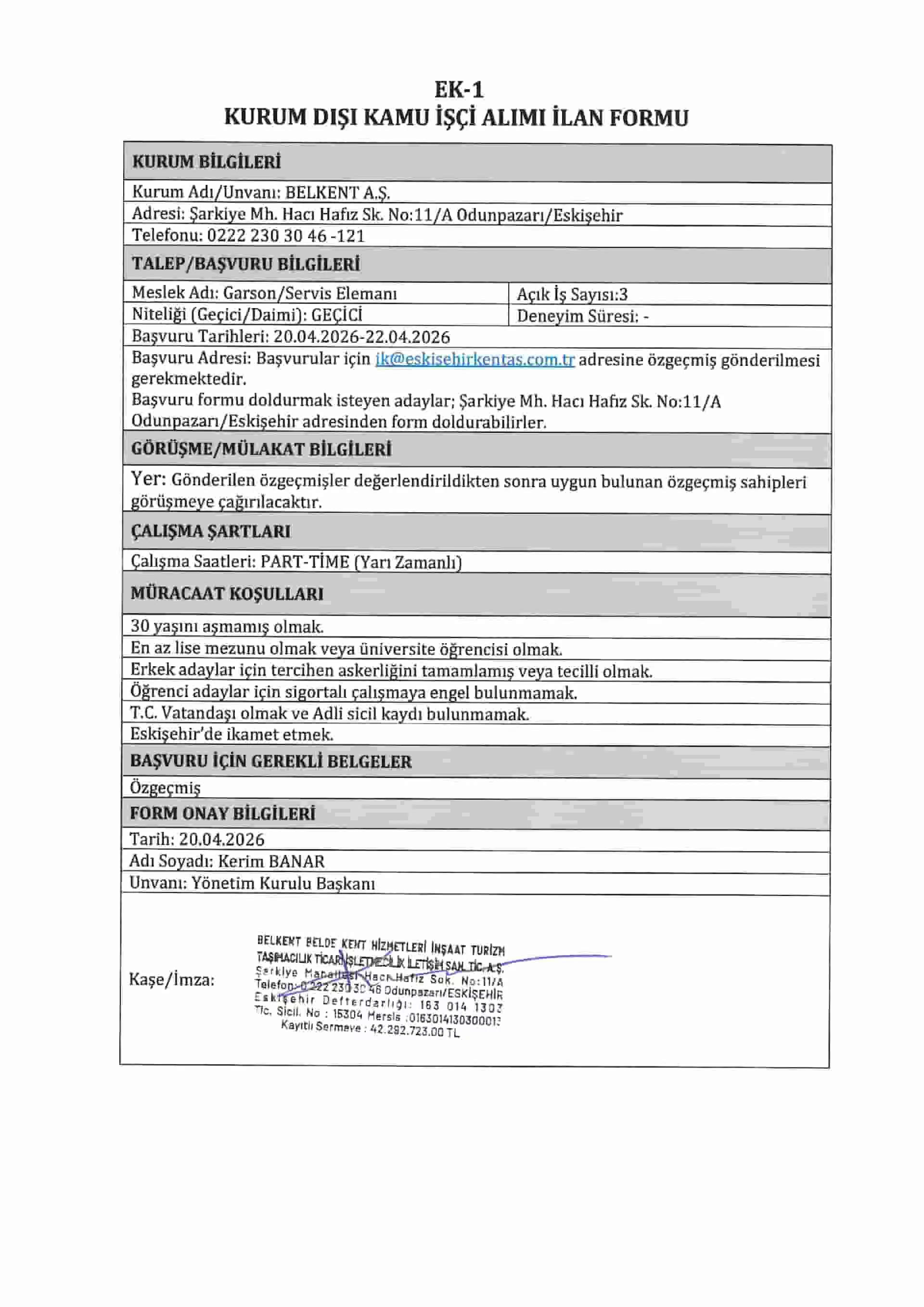 Belkent İş İlanı 