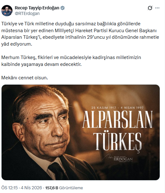 Erdoğan'dan Alparslan Türkeş Mesajı