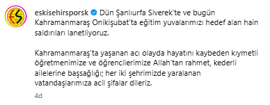 Eskişehirspor'dan Taziye Mesajı