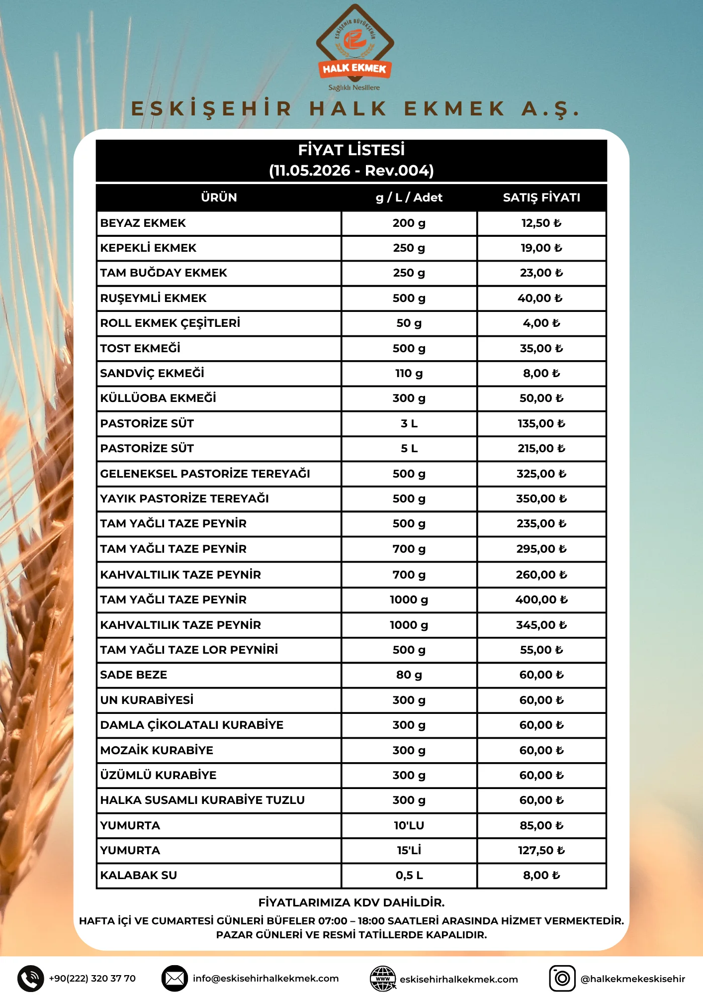 Eskişehir Halk Ekmek Fiyatları