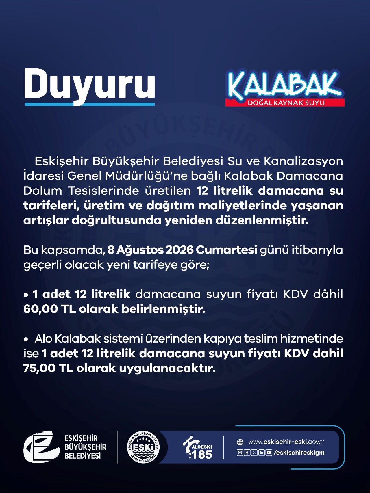 Kalabak Su Yeni Tarife Duyurusu