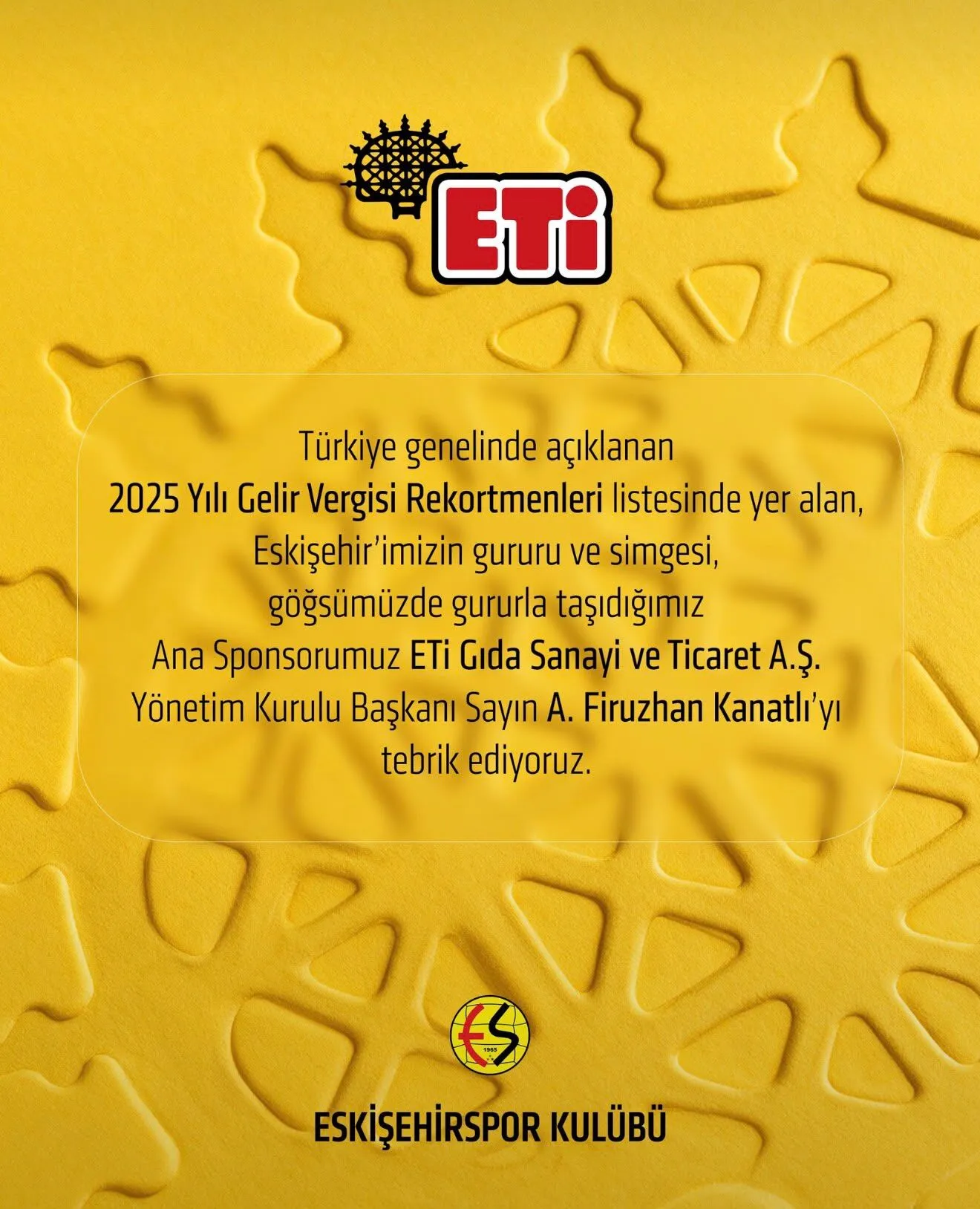 Eskişehirspor'dan Eti'ye tebrik