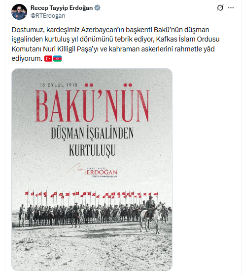 Erdoğan'dan Bakü'nün Kurtuluş Yıl Dönümü Mesajı